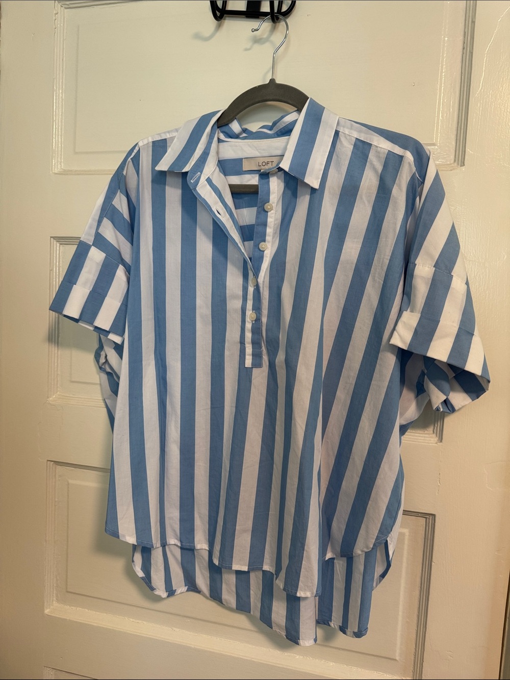 LOFT Blue & White Vertical-Stripe Short Sleeve Button Popover
